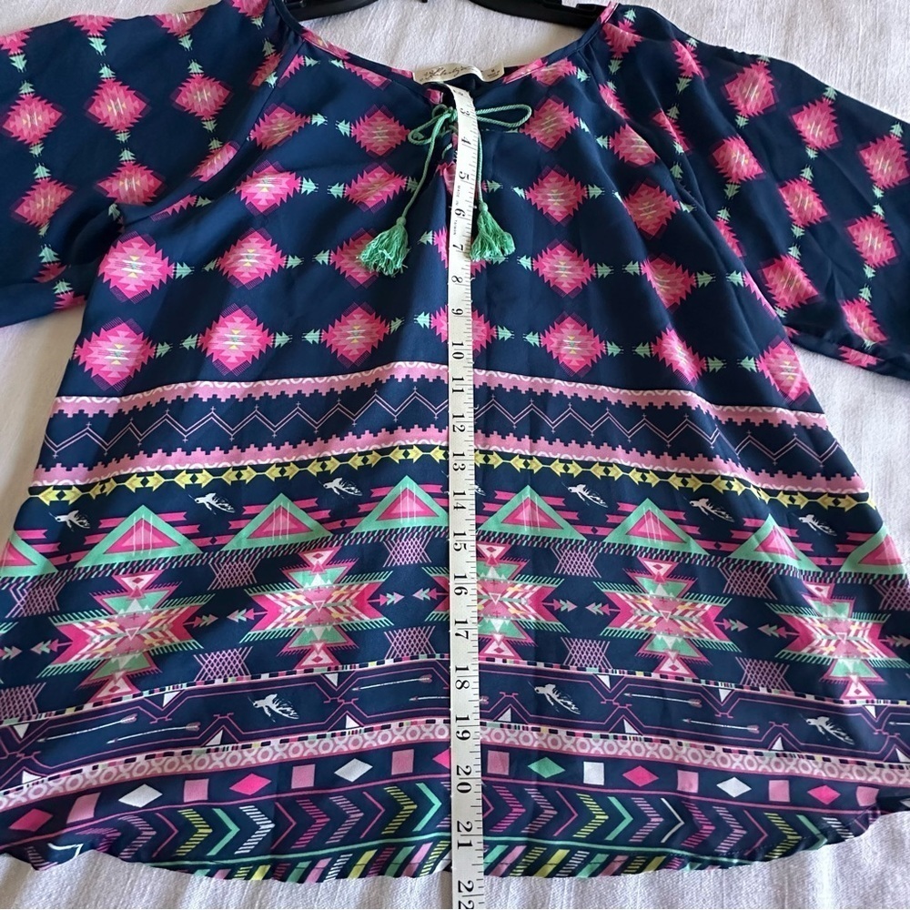 Liberty Love Womens Top Blue Aztec Print Top Tasseled Boho Hippie Festival - Picture 7 of 12